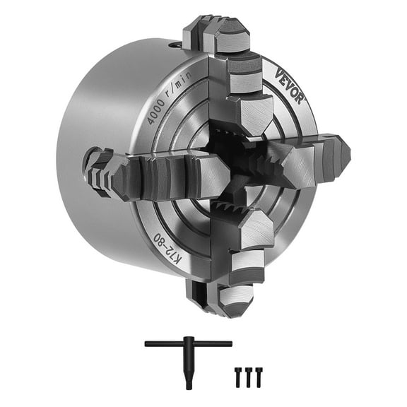 VEVOR 4-Jaw Lathe Chuck, 3 Inch (80 mm), Self-Centering Chuck, 0.1-3.15 in (5-80 mm) Clamping Range with T-key Fixing Screws Reversible Jaws, HT300 Material, Internal External for Wood Metal Lathe
