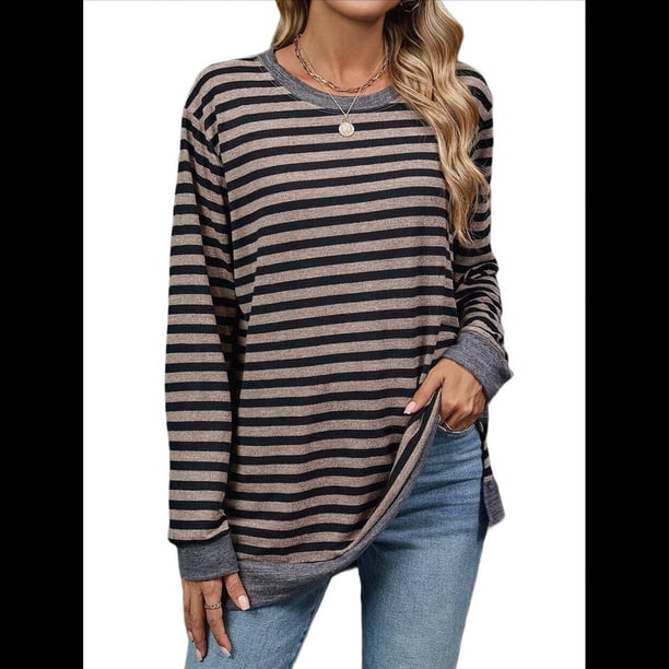 Camisa Informal de Larga A Rayas para Mujer, , con Cuello Redondo, Ajustada, Holgada, Básica Café Negro S