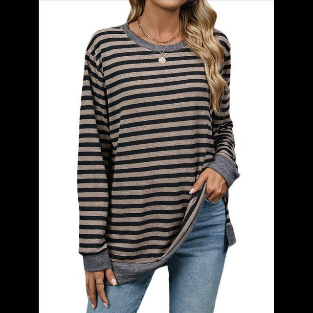 Camisa Informal de Larga A Rayas para Mujer, , con Cuello Redondo, Ajustada, Holgada, Básica Café Negro XL