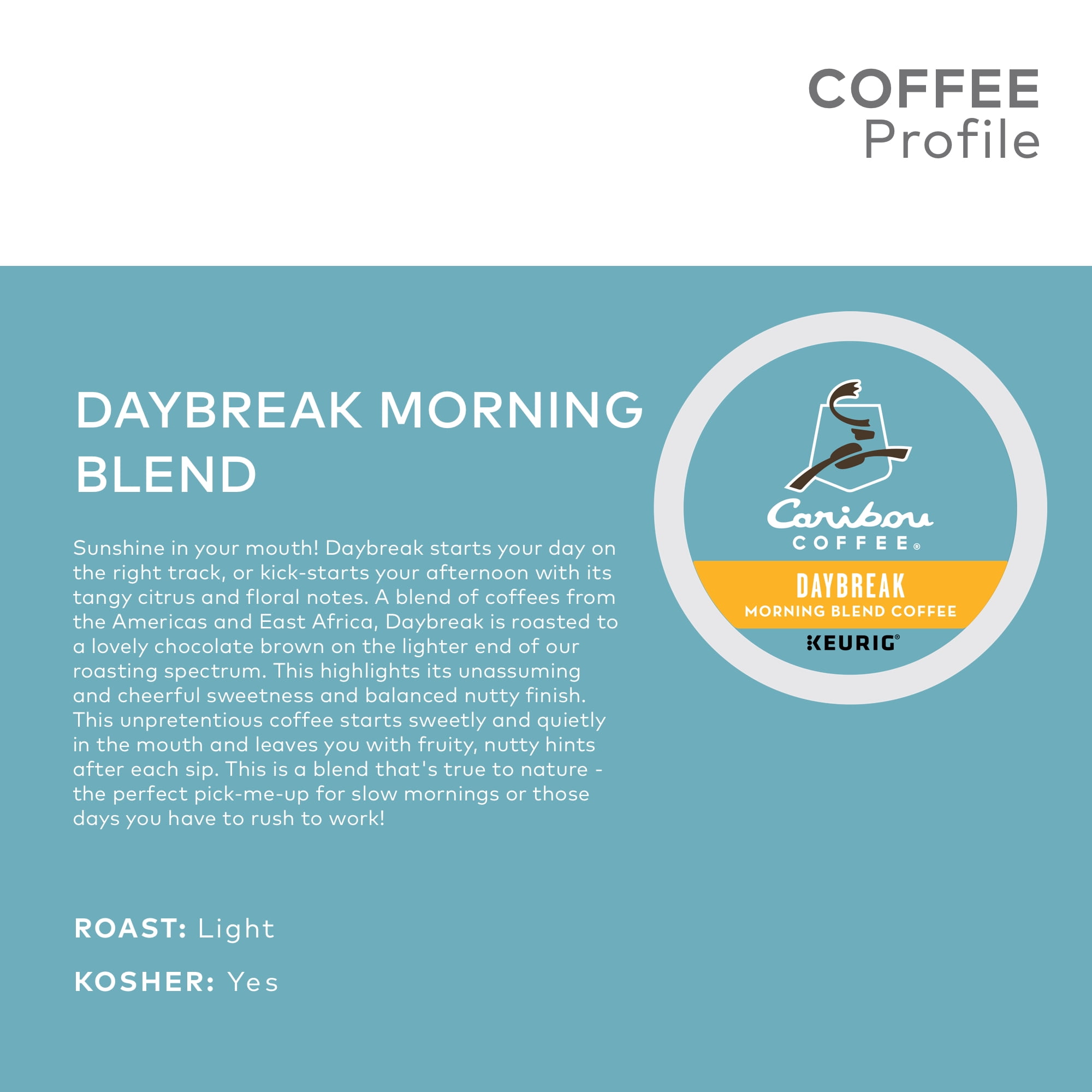 Caribou Coffee Daybreak Morning Blend K-Cup Pods, Light Roast, 18 Count for Keurig Brewers