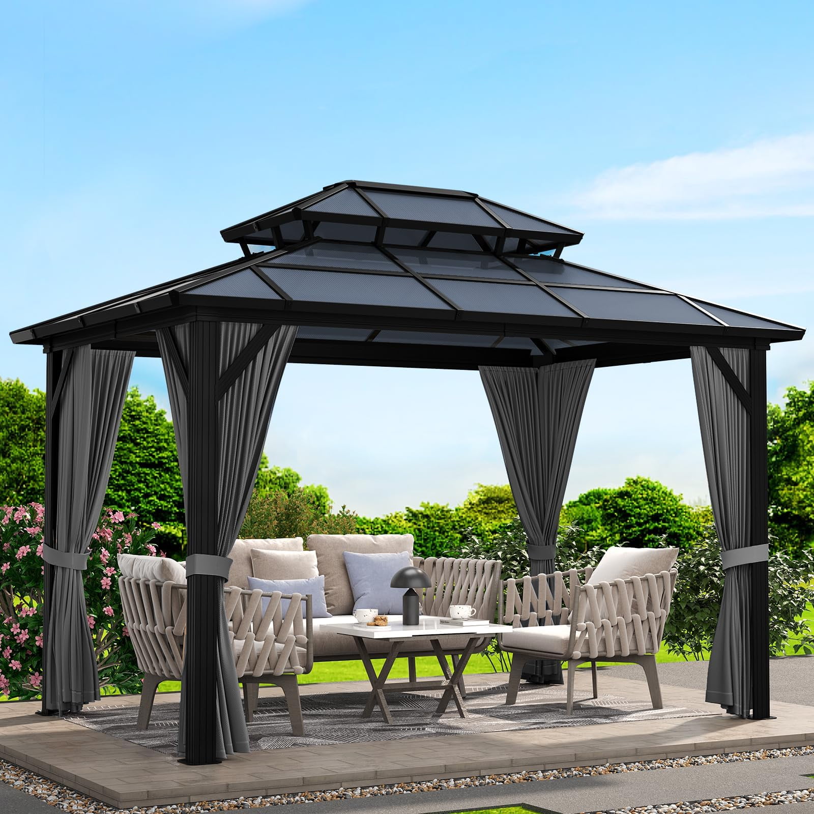 Soonbuy 12'x10' Aluminum Permanent Hardtop Gazebo with Double Roof, Includes Removable Curtains & Mosquito Netting for Patio, Garden, and Backyard Use(ship in 2 boxes)