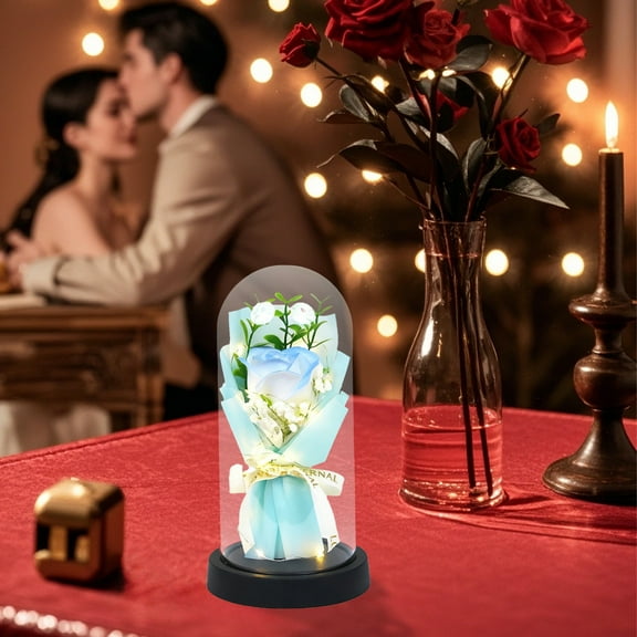 Elegant Glass-Covered Soap Rose Bouquet with LED Lights - Romantic Valentine's Day Gift Featuring Everlasting Flowers and Soft Illumination for Home Decor, Gift for Women