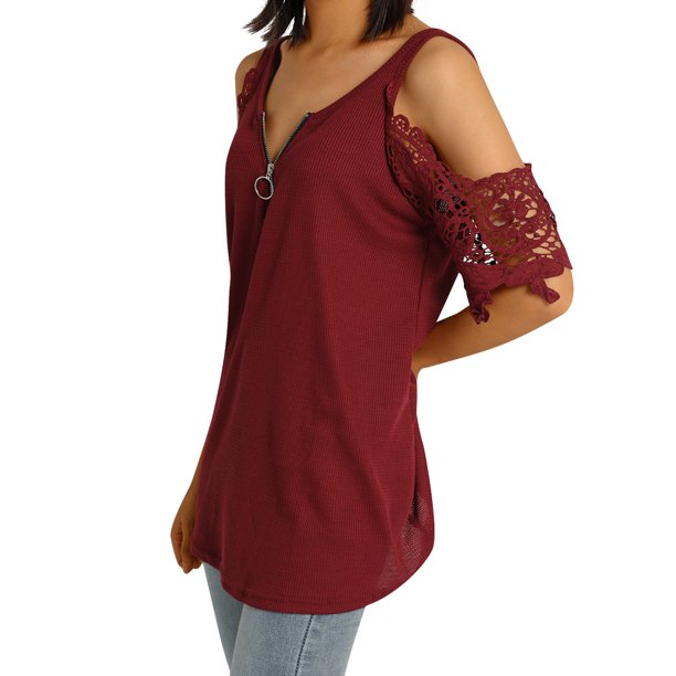SAYOO Camiseta de mujer , camisola hueca con decoración de cremallera, ropa de verano SAYOO Sexy