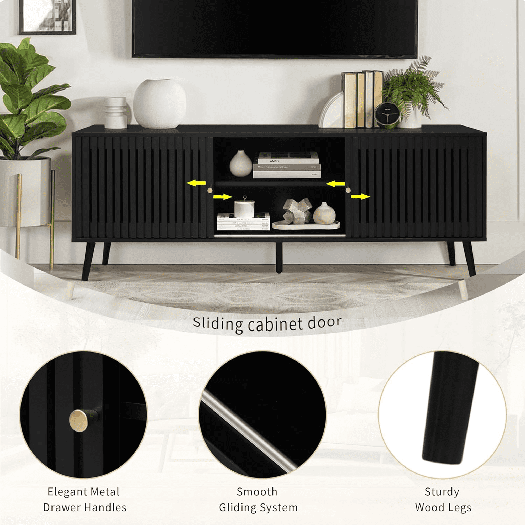 Oubayajia Mid-Century Modern 63" TV Stand for TVs up to 70”, Wood TV Console with Waveform Sliding Doors and Storage, Entertainment Center for Living Room Bedroom, Black
