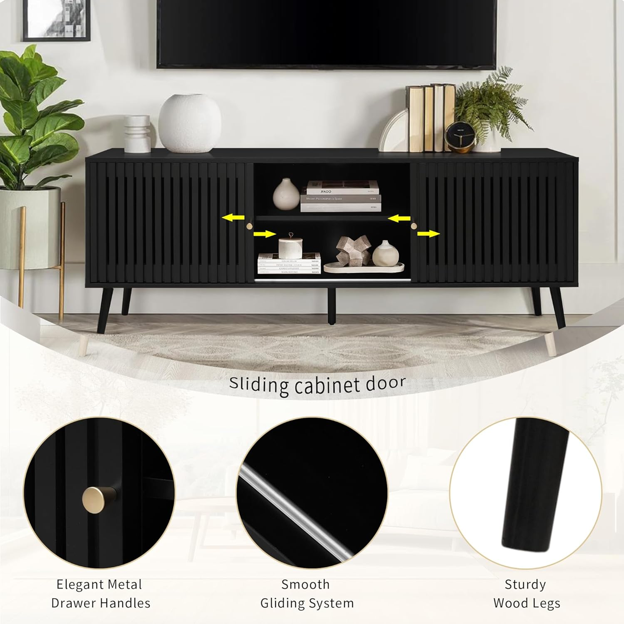 Oubayajia Mid-Century Modern 63" TV Stand with Sliding Doors, Black photo 5