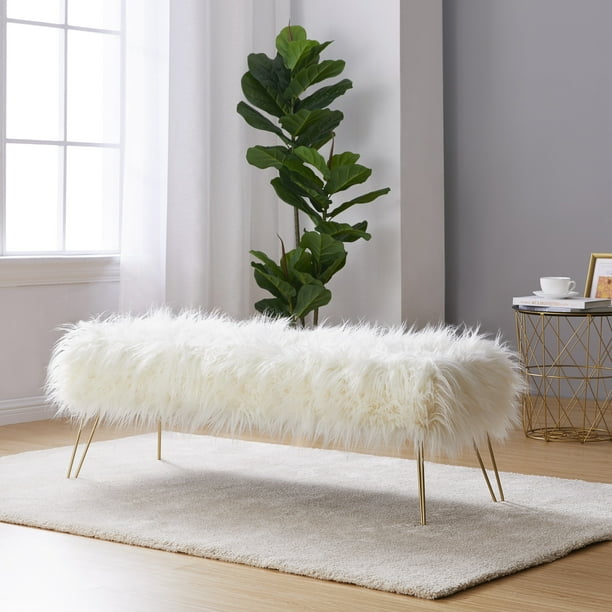 OH Modern Contemporary Faux Fur Long Bench Ottoman Foot Rest Stool/Seat with Gold Metal Legs 