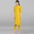 thumbnail image 3 of Janasya Indian Round Neck 3/4 Sleeve Gold Print Mustard Poly Crepe Kurta With Pant And Dupatta For Women, 3 of 7