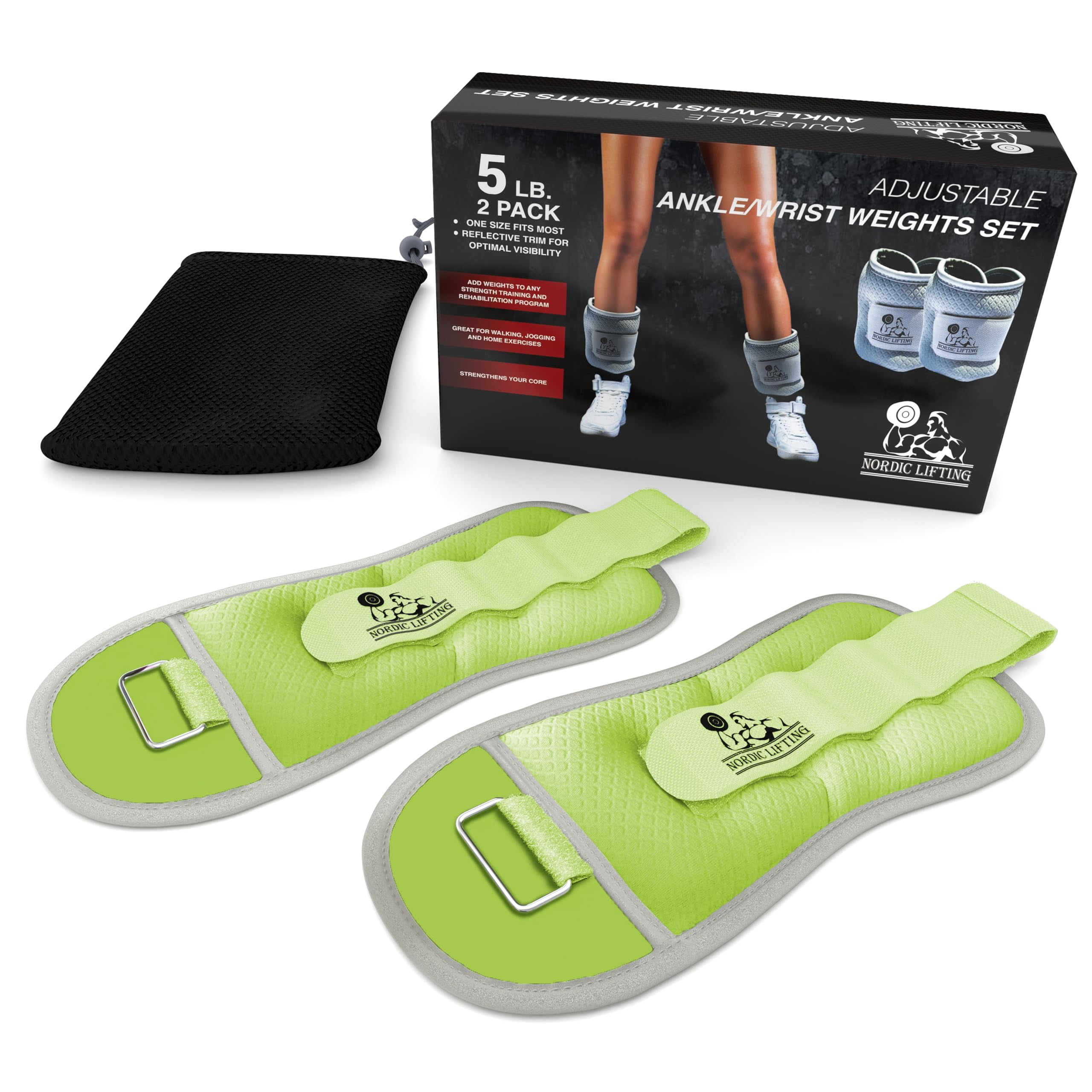 Nordic Lifting Adjustable Ankle/Wrist Weights (1 Pair) – For Women, Men & Kids - Green, 5lbs