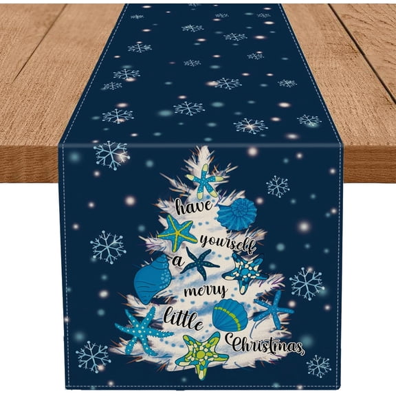 Coastal Christmas Decorations Table Runner Christmas Tree Snow Starfish Shell Ocean Beach Themed Winter Xmas Kitchen Dining Home Decor 13x72 Inch