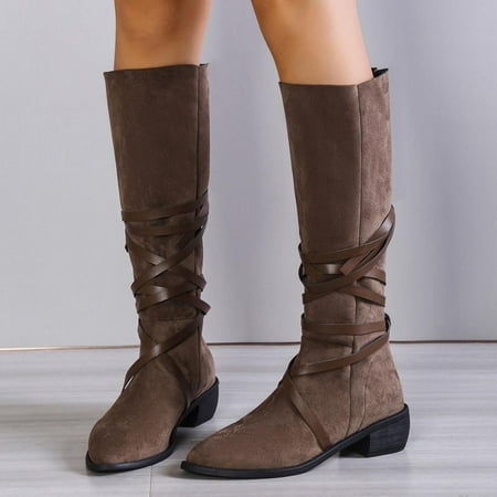 

Tdoqot 2022 Boots for Women- Fashion Bandage Solid Boots Pointed Toe Midheel Heel Boots Shoes Khaki 37