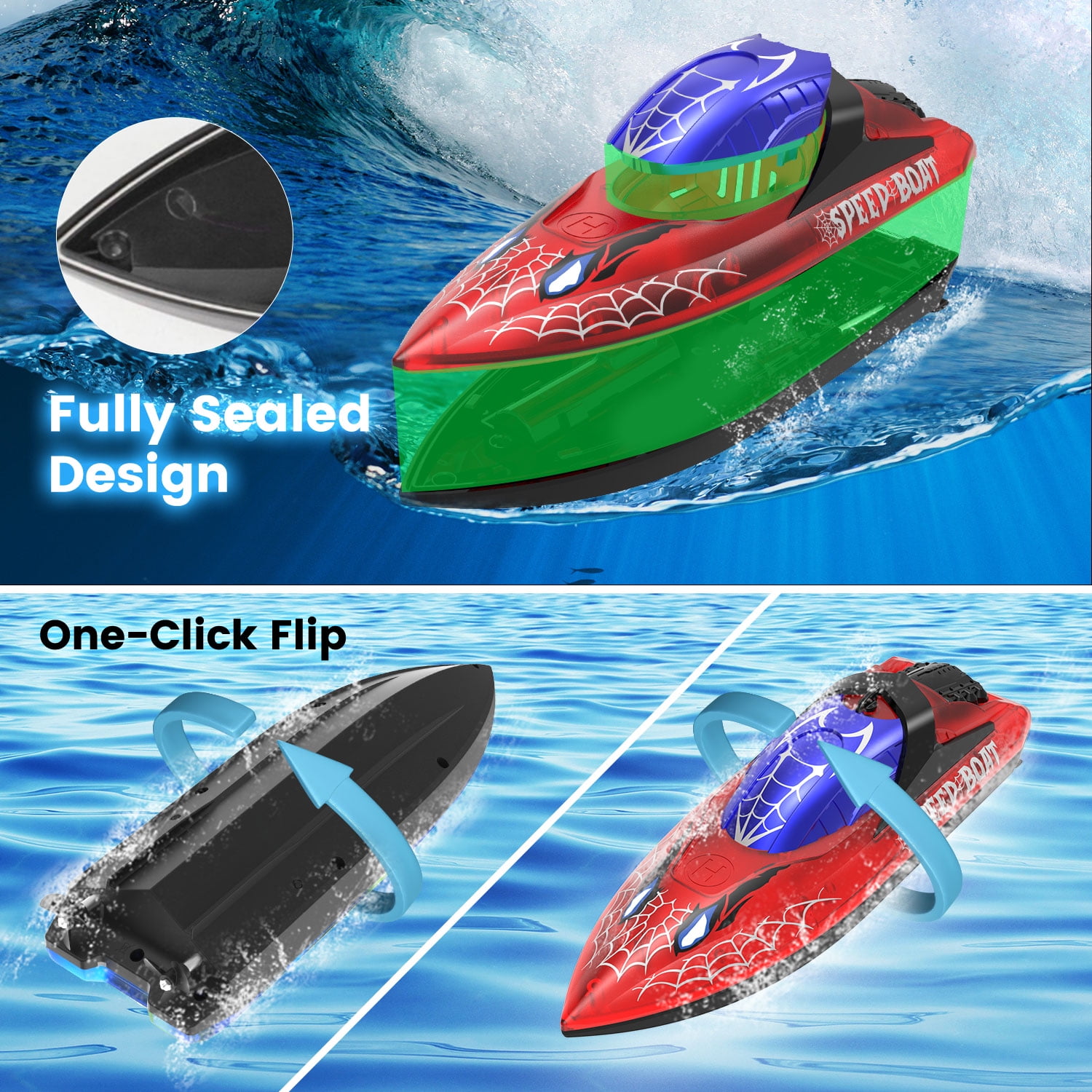 JoyStone RC Boat for Pools and Lakes, 2.4G Remote Control Boat with LED Lights, Racing Boats for Kids & Adults with 2 Rechargeable Battery, Gifts for Boys Girls (Red)