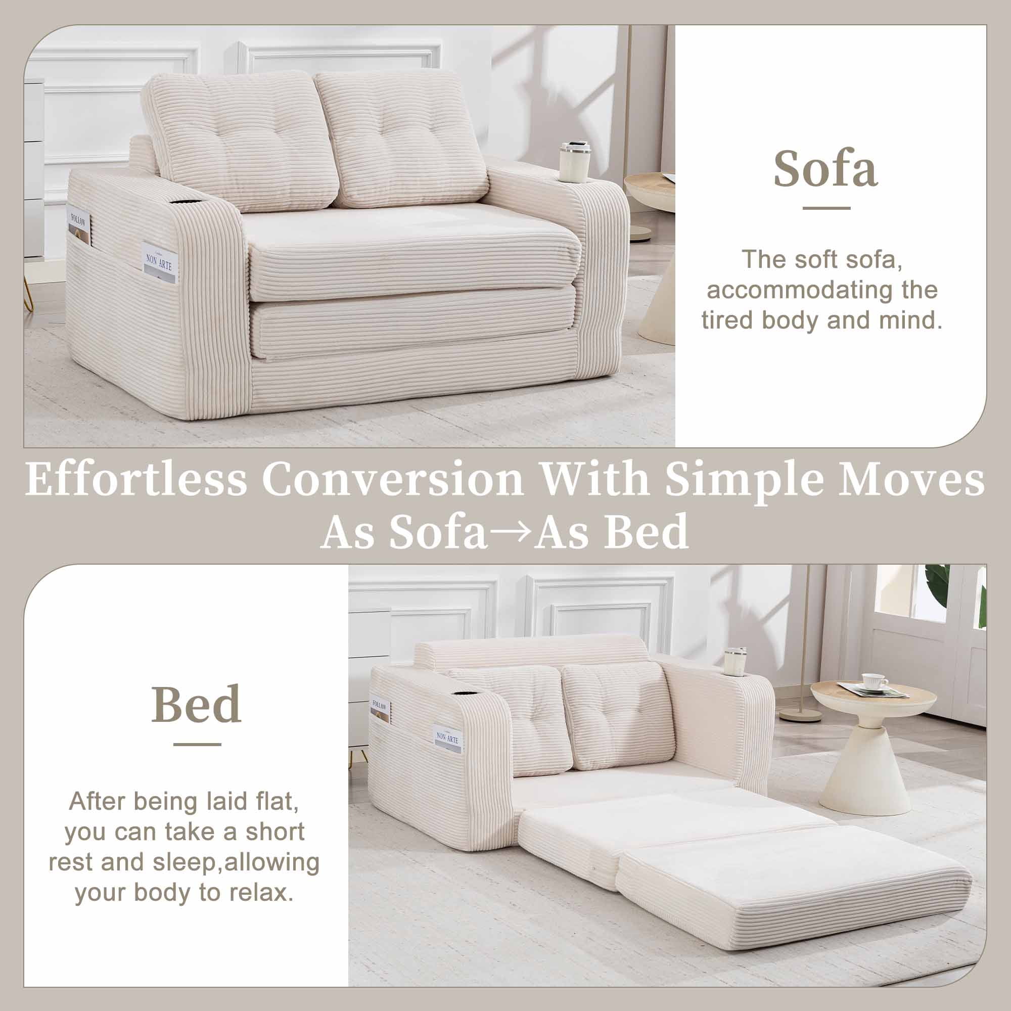 Lunale 54" Convertible Sofa Bed, Small Boneless Cloud Couch with Cup Holders, No Assembly Required, Corduroy Floor Sleeper Sofa, Beige