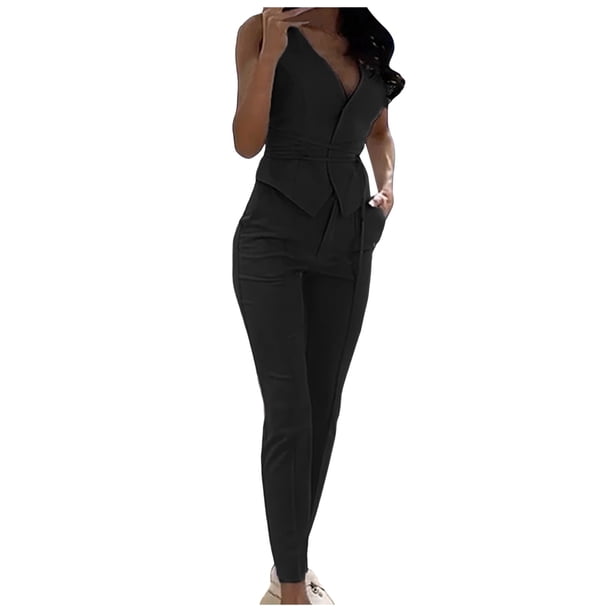 Conjunto informal de color liso sin mangas para mujer: chaleco y pantalones. Conjunto de dos piezas para fiesta/uso diario, tejido de poliéster, tallas XS-XL, lavado a mano en frío.