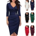 thumbnail image 4 of CENL Women Elegant Bodycon Dress Long Sleeve V Neck Slim Fit Work Robe OL Wrap Dress, 4 of 9