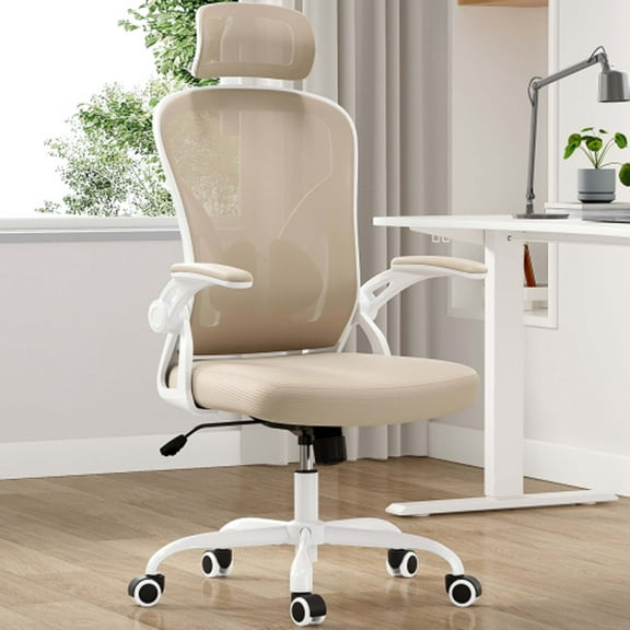 Ergonomic Office Chair Home Office Desk Chair with Headrest High Back Computer Chair with Armrests and Adjustable Lumbar Support for Home Office Study Room White&Khaki