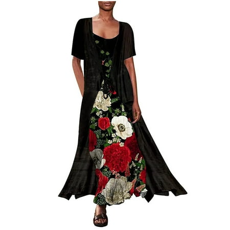 

TIHLMK Tops Deals Clearance Women s Fashion Casual Chiffon Short Sleeve Loose Shawl Two-Piece Camies Dress With Straps