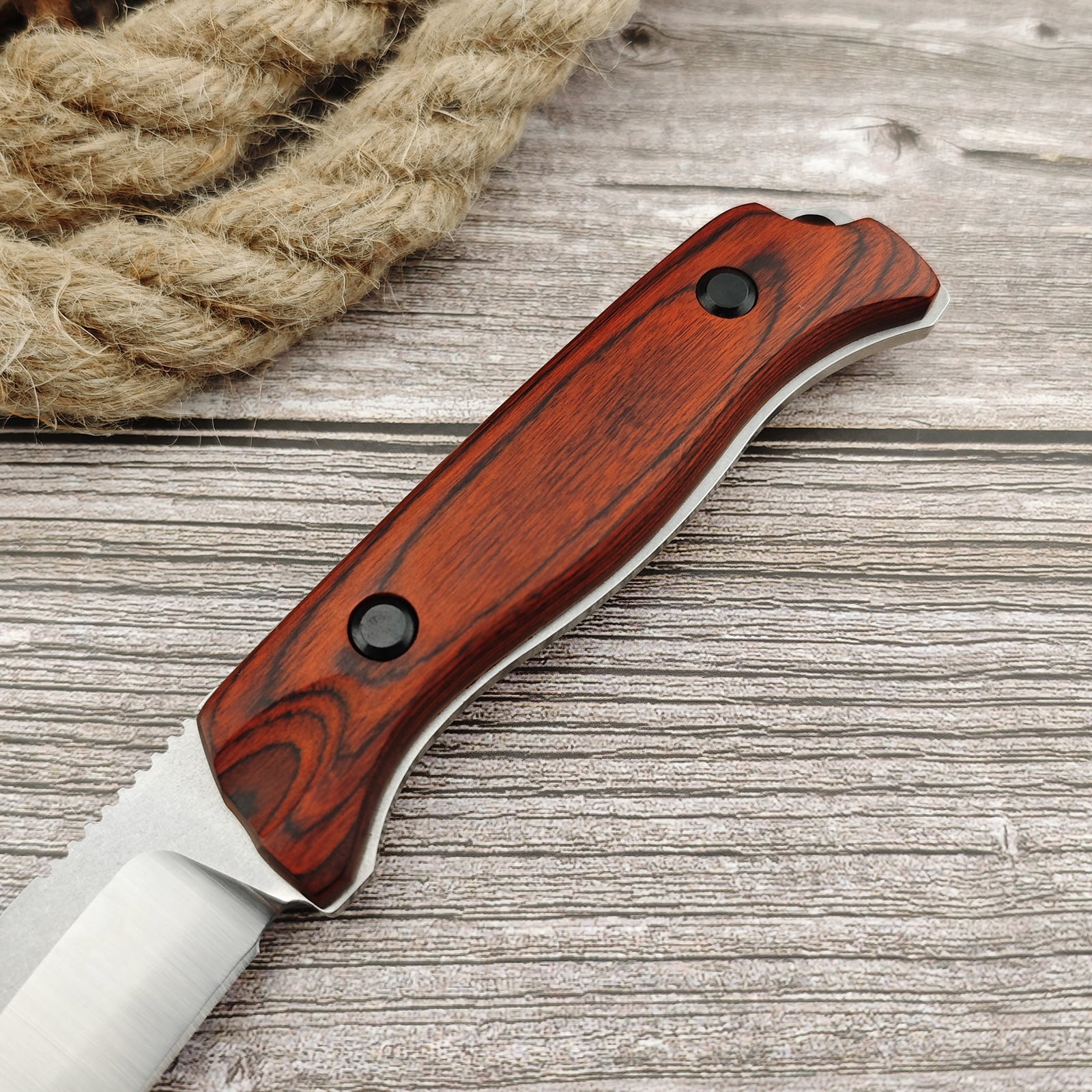 Fixed Blade Knife, Full Tang, Drop Point 440C Blade, Stabilised Wood Handle, Bushcraft Knife with Sheath for Camping, Outdoors