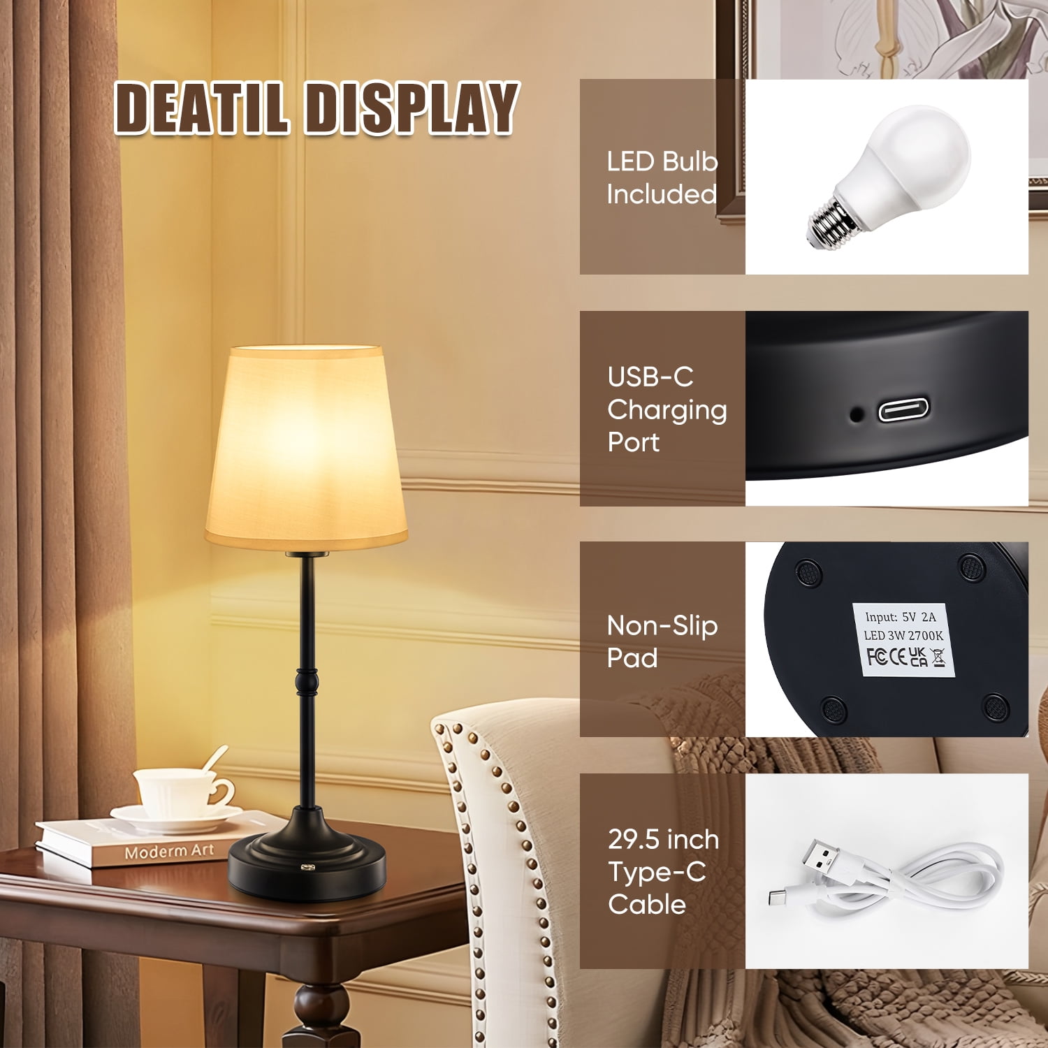 Coliware Black Cordless Table Lamp, Rechargeable Battery Operated Lamps, Stepless Dimming Touch Control Wireless Lamp, Vintage Decor Night Light for Bedroom, Bedside, Bar, Balcony, LED Bulb Included