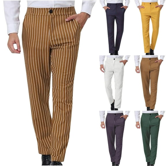 HOOMEUMY Mens Dress Pants Business Casual Striped Dress Pants Button Straight Fit Color Block Trousers with Pockets (Army Green,L)