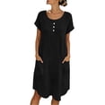 thumbnail image 2 of Sundresses for Women Round Neck Ruched Waist Dress Women's Summer Solid Color Casual Round Neck Short Sleeved Dress Black L, 2 of 7