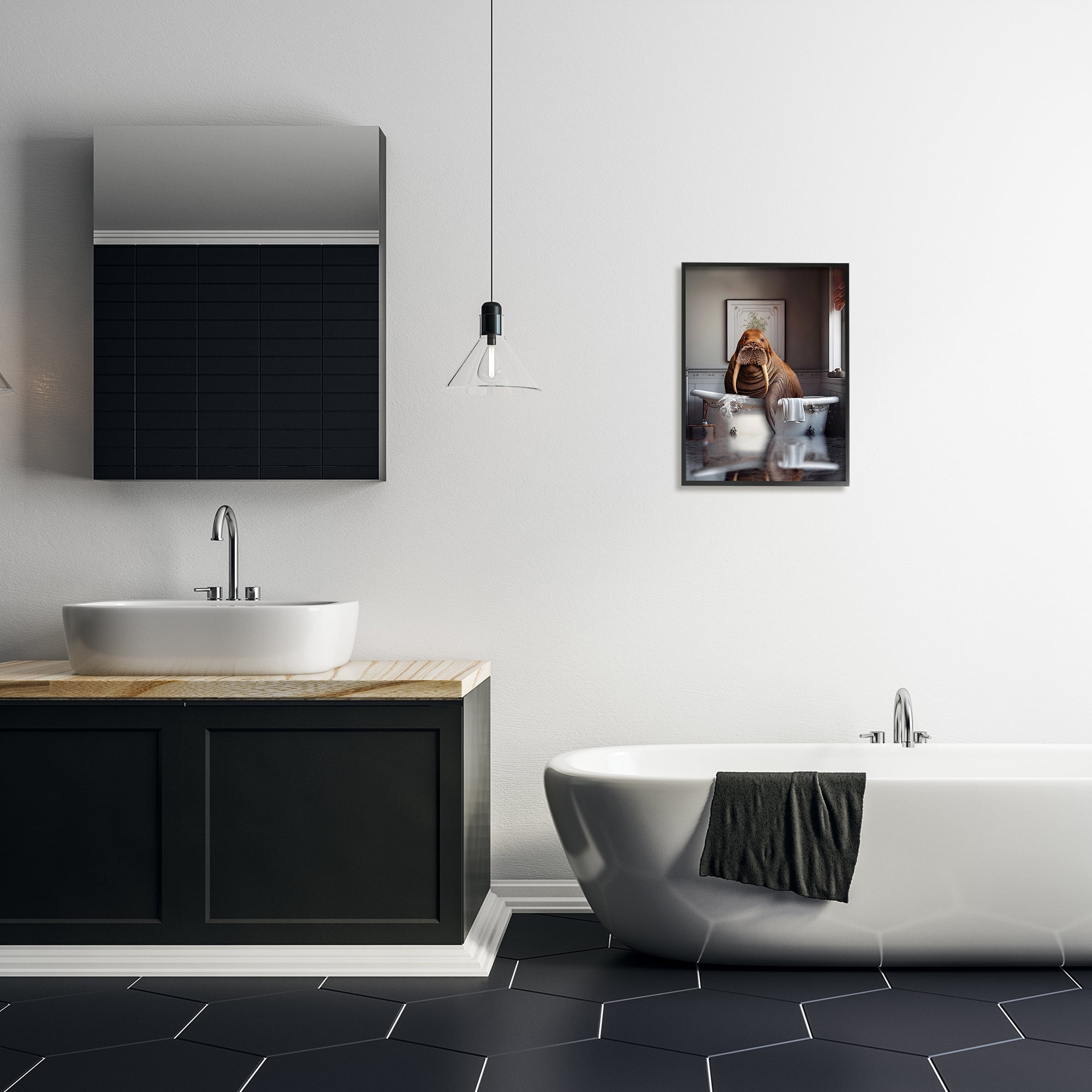 Stupell Industries Walrus in Bathtub Animals & Insects Painting Black Framed Art Print Wall Art, 16 x 20
