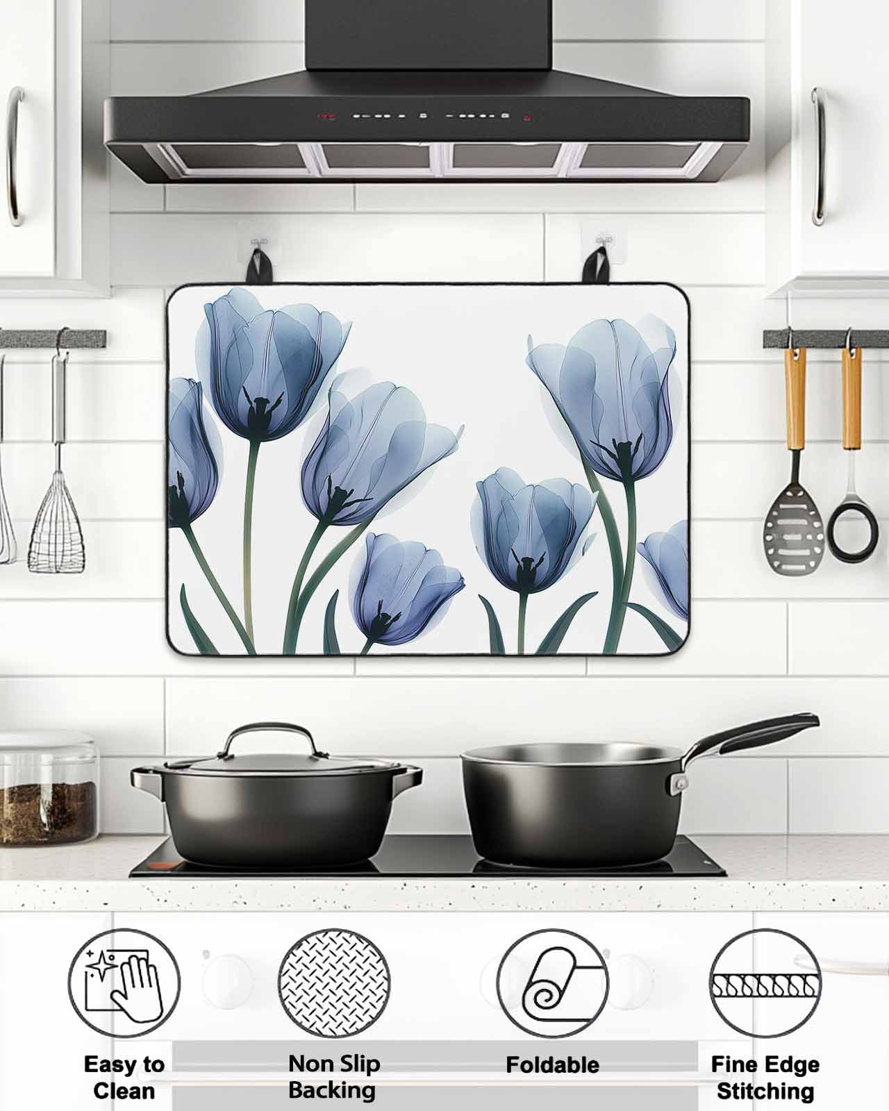 Stove Top Covers for Electric Stove, Blue Spring Floral Glass Stovetop Cover Protector, Tulip Blooming Summer Botanical Induction Cooktop Protector Oven Mat for Kitchen Countertop 24"x21"