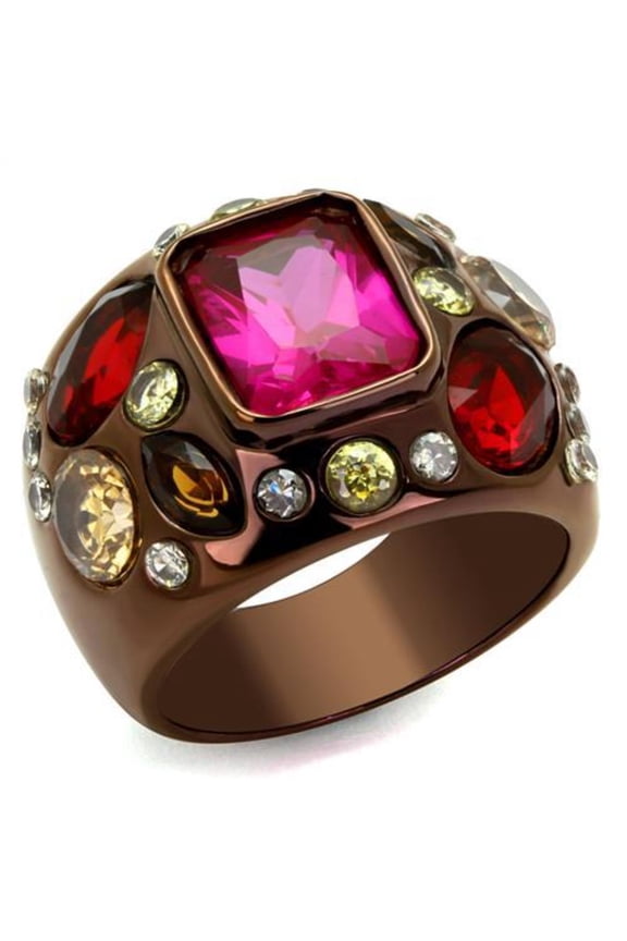 Luxe Jewelry Designs Women's Coffee Light Ion Plated Stainless Steel Ring with Ruby CZ Stones - Size