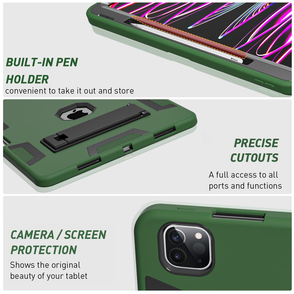 For iPad Pro 12.9 Inch 6th Generation(2022) Case Rugged Kickstand Pencil Storage Heavy Duty Protective Cover (Green)