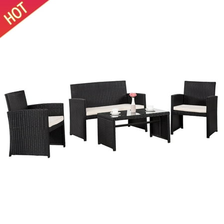 Patio Furniture Lansing Mi Cloud Mountain 4PC Patio Wicker Rattan Furniture Outdoor Garden Lawn Rattan Cushioned Chat Set, Black Rattan with Creamy White Cushions ()