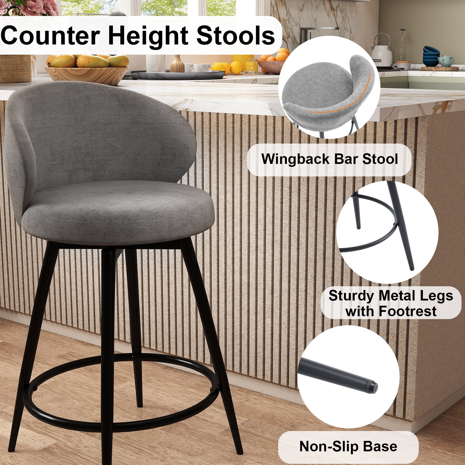 Rongbuk 360° Swivel Modern Bar Stool Set of 2, 26" Upholstered Counter Height Bar Stools with Wingback, Soft Linen Fabric, Counter Chairs with Arm for Kitchen Island or Home Bar, Grey