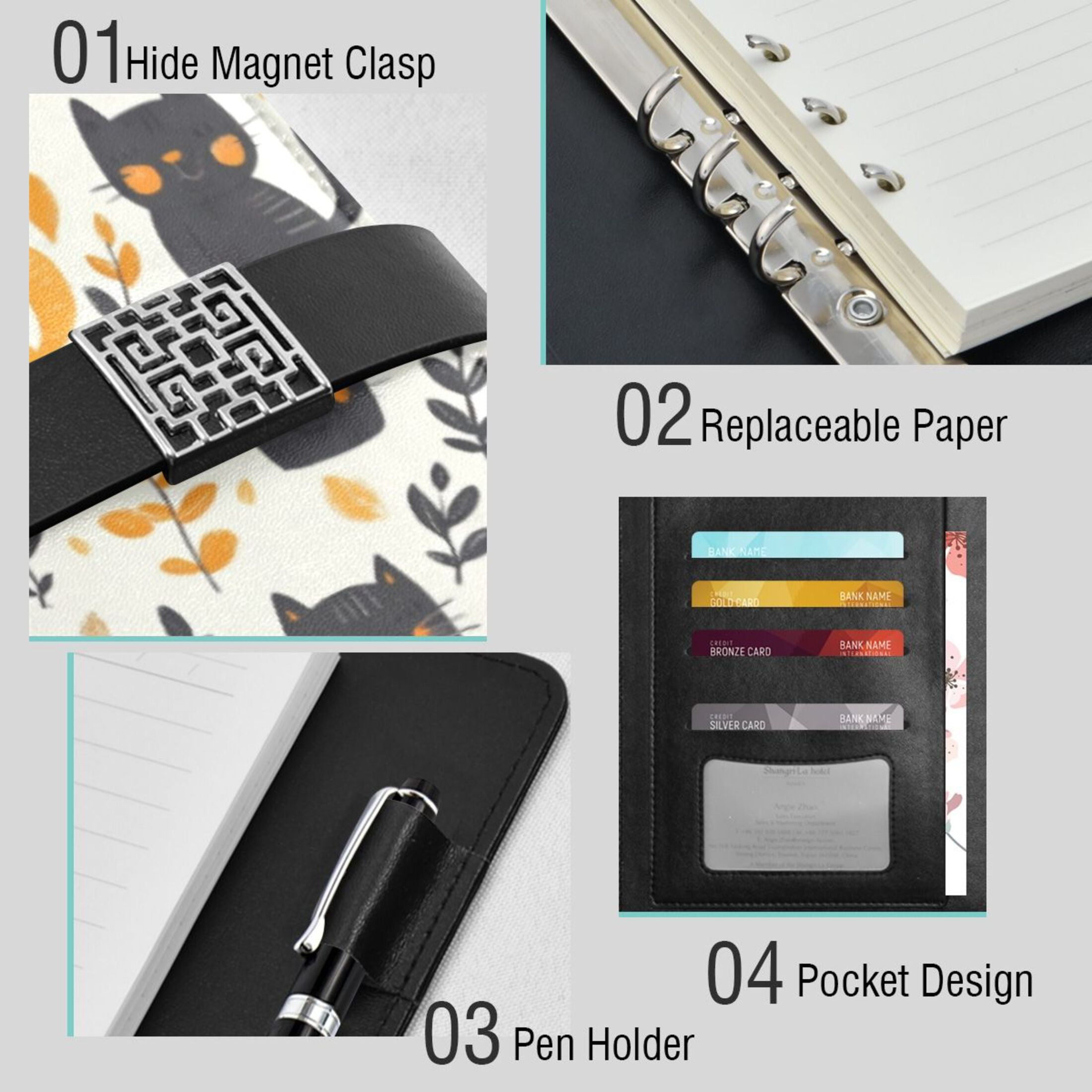 Leather Planner Leather Notebook Notebook Journal Binder Design Pen Pocket Design Convenient for Storage Cartoon Black and Gold Cat