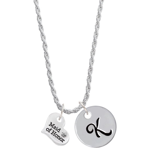 Delight Jewelry Silvertone Small Maid of Honor Heart Silvertone Script Initial Disc - K - Charm Necklace, 20"+3"