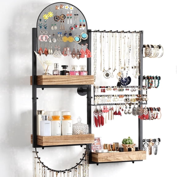 Olakee Large-Capacity Jewelry Organizer Wall Mount with 3 Wood Boxes for Earring, Necklace, Bracelet, and Perfume Display, Girls & Women, Modern, Brown
