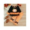 thumbnail image 2 of Qiylii Toddler Girls Halloween Outfit Set, Embroidery Pumpkin Long-Sleeve Ruffle T-Shirt + Dots Bell-Bottoms Set for Kids, 9 Months to 4 Years, 2 of 9
