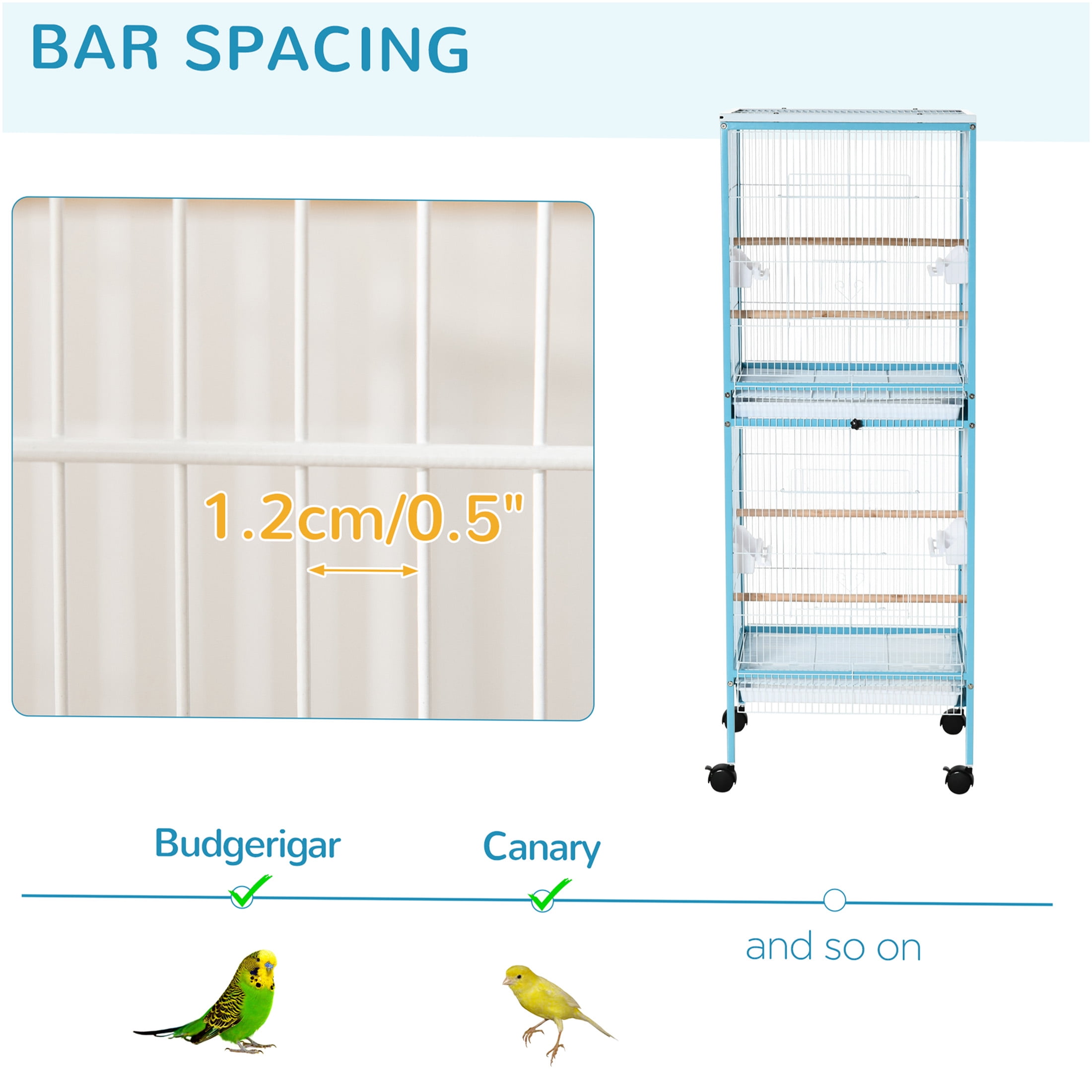 JERFIT 55" Light Blue Large Bird Cage for Conures, Finches & Canaries, Wide 20.5" Flight Aviary with 4 Doors, Wheels & Removable Tray