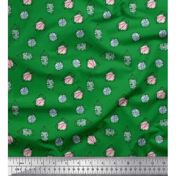 Soimoi Green Silk Fabric Crystals Floral Decor Fabric Printed Yard 42 Inch Wide