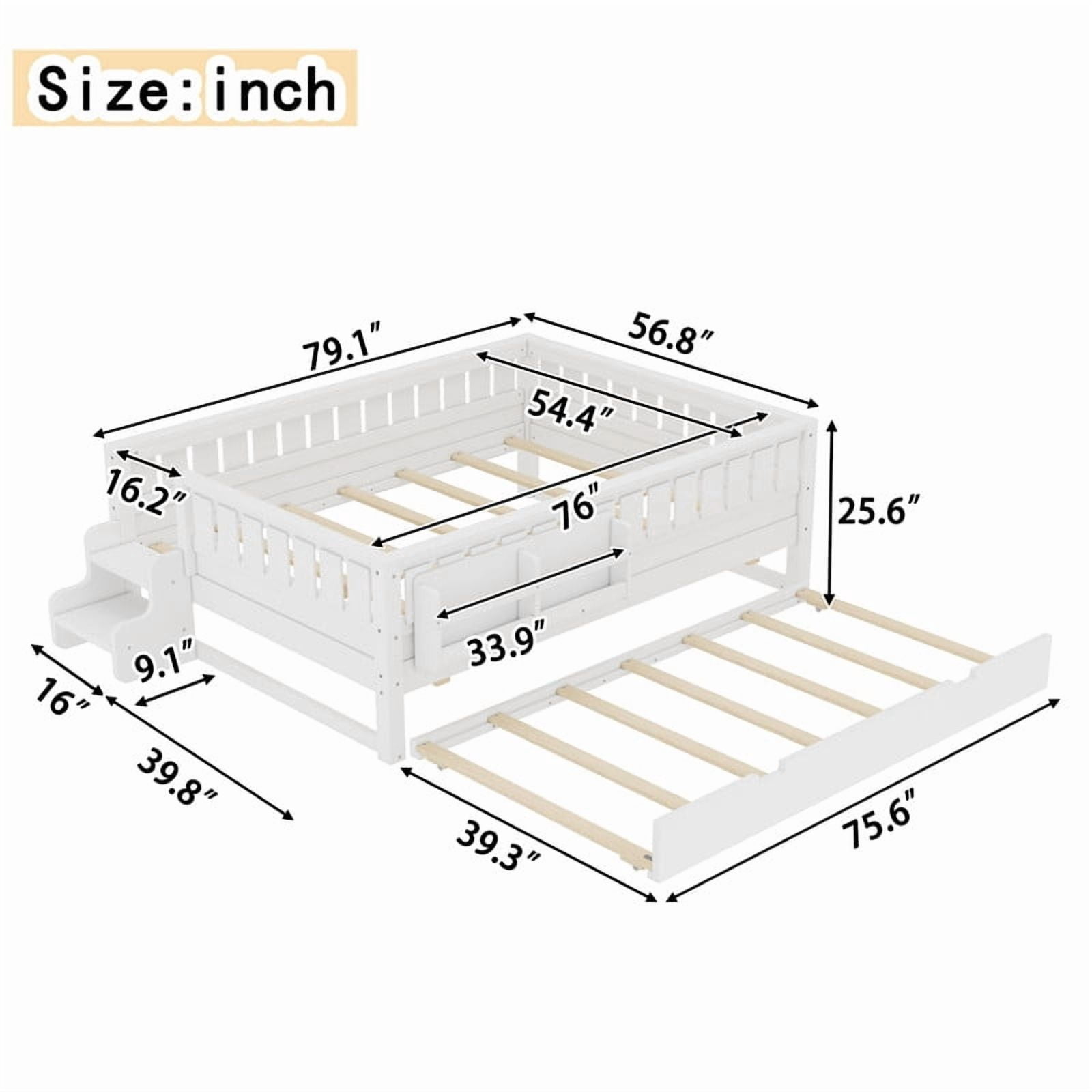 Full Size Low-Profile Kid's Platform Bed with Built-in Bookshelves & Small Staircase, Wooden Bed Frame with Safety Rails & Trundle
