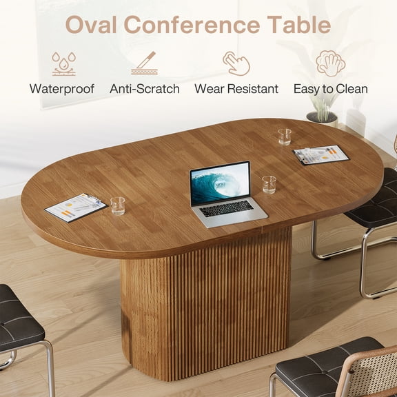 Tribesigns Oval Conference Table 47.24 Inches for 4 People, Rustic Wood Meeting Table with Polygon Base, Small Office Desk for Break Room, Seminar, Brown