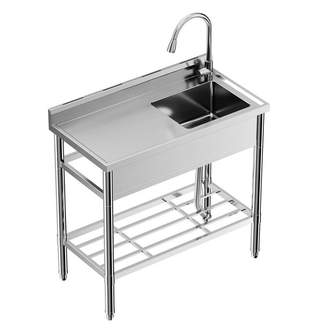 EDTara Stainless Steel Utility Sink With Workbench, Free Standing Single Bowl Kitchen Sink Set, Storage Shelf, and Hot/Cold 304 Stainless Faucet for Backyard, Garden, Kitchen, or Laundry