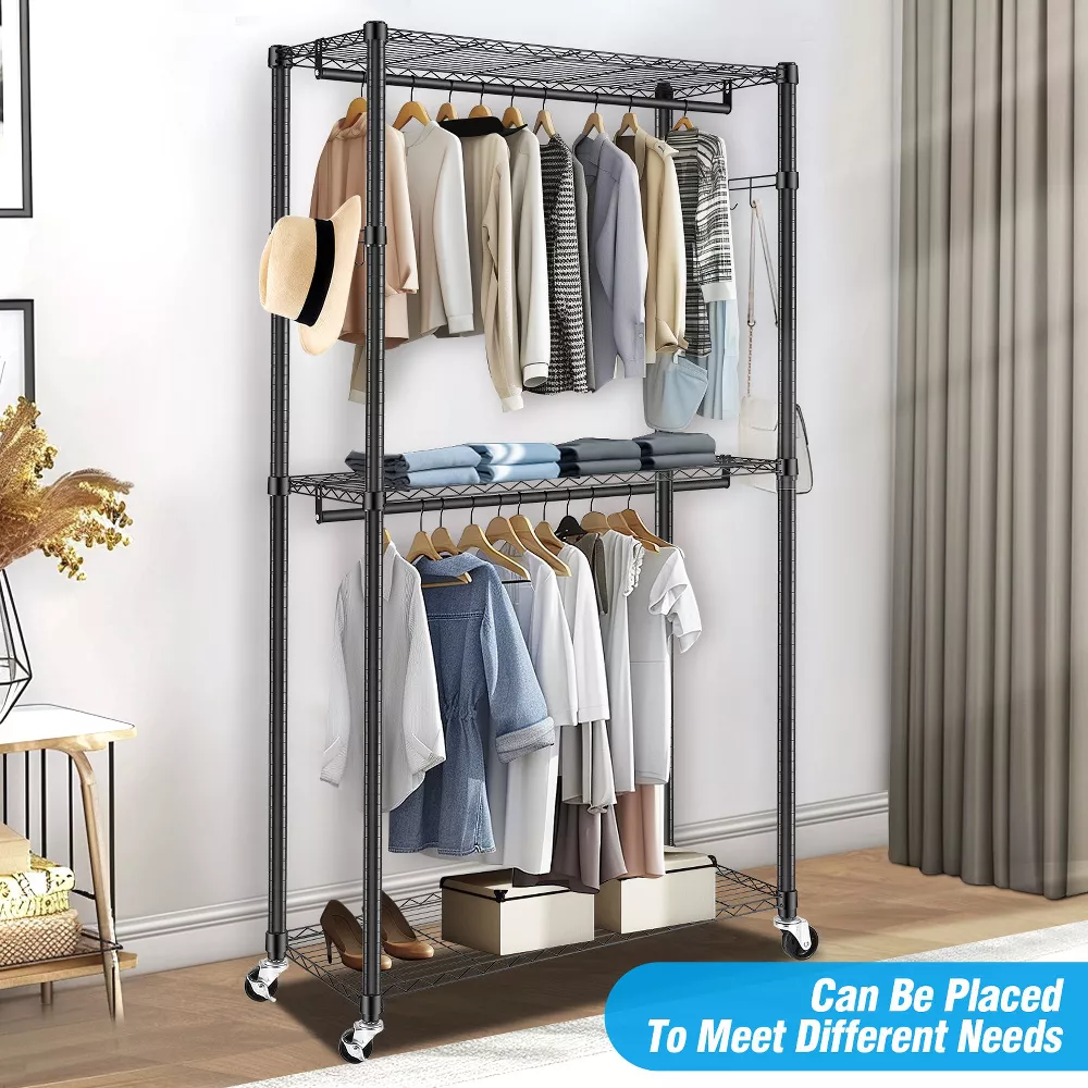 Sailvan Heavy Duty Clothing Rack with 3 Tier Adjustable Shelves, Double Rod Rolling Garment Rack, Small Space Freestanding Closet Wardrobe 16.54"D x 23.62"W x 80.71"H,White