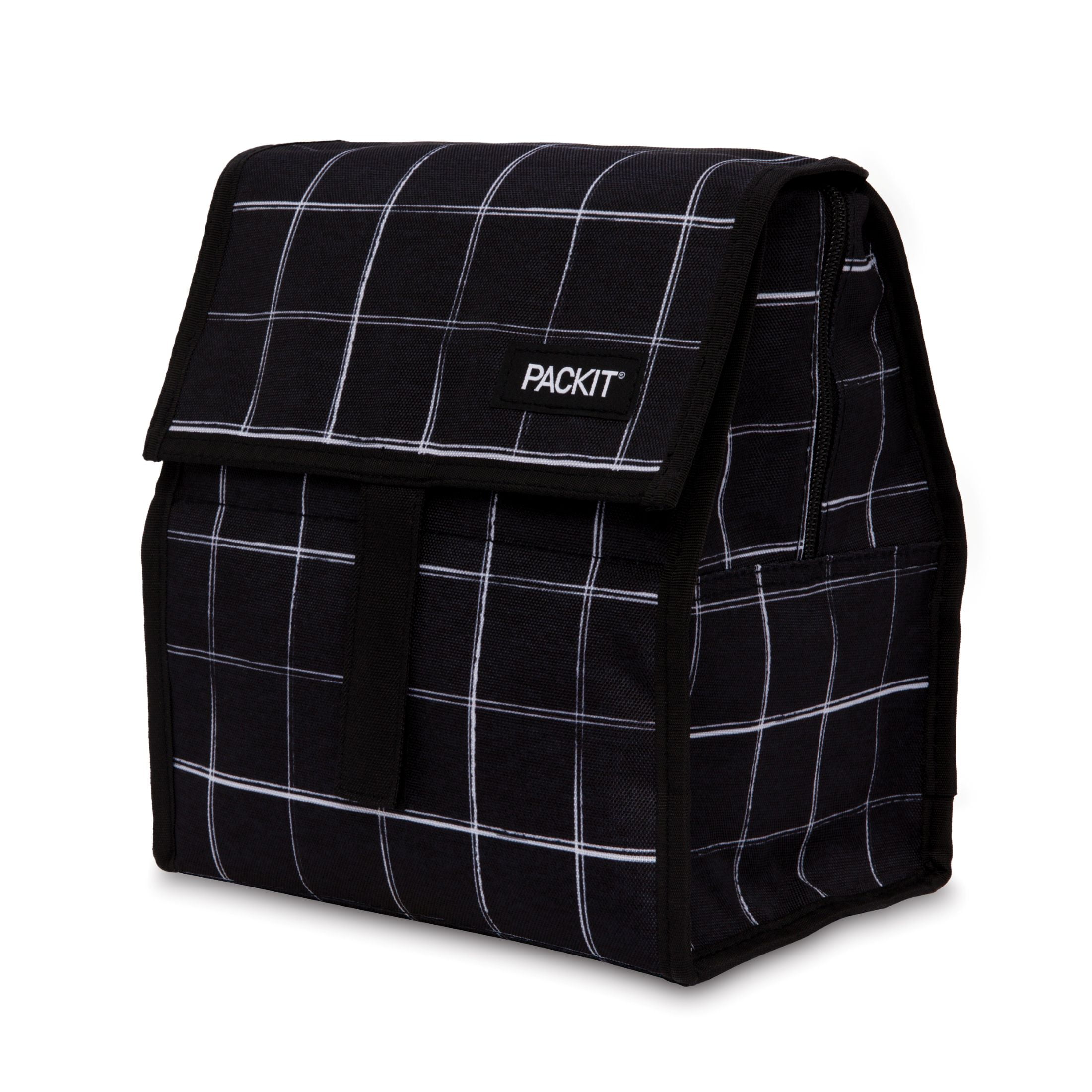 PackIt Freezable Lunch Bag, Black Grid, Built with EcoFreeze Technology, Foldable, Reusable, Zip and Velcro Closure with Buckle Handle, Perfect for Lunches Large