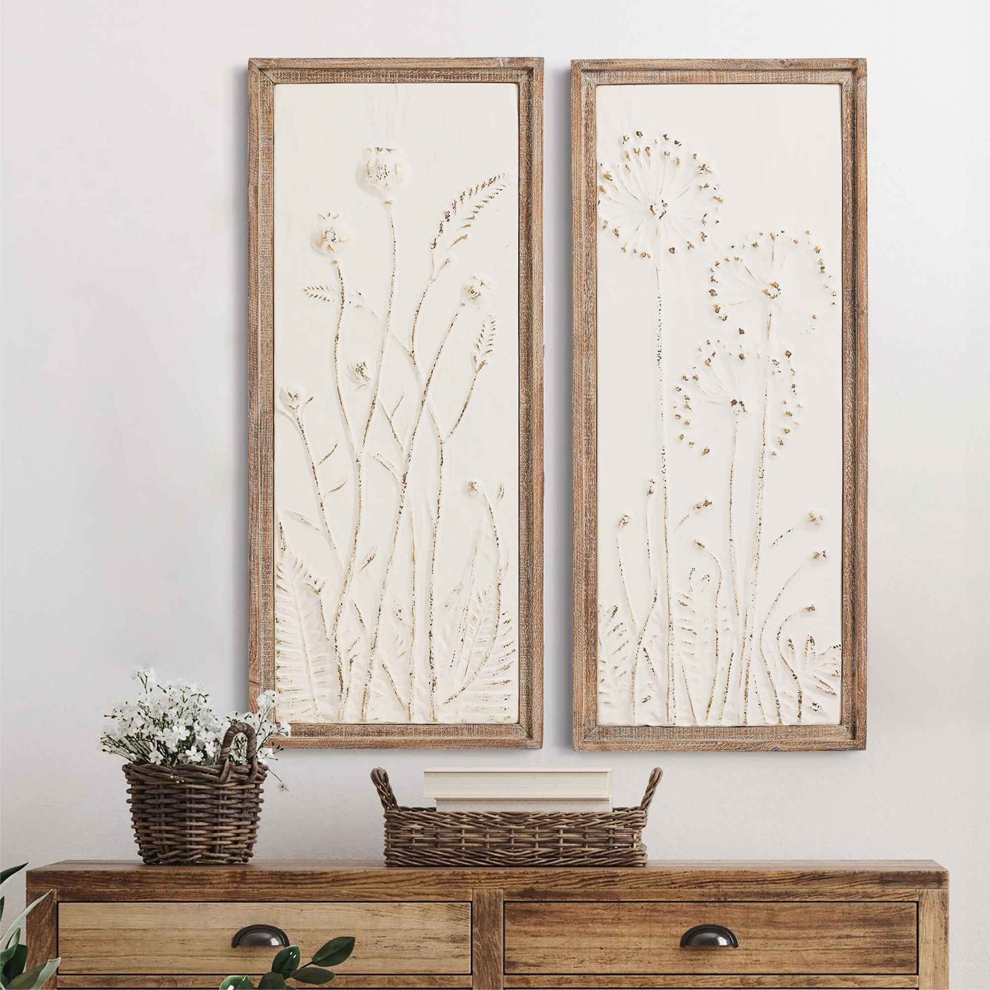 COZAYH Farmhouse Metal Dandelion and Tulip Wall Décor Set of 2, Wooden