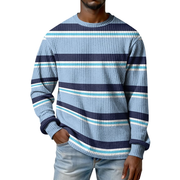 Fabrcox Mens Waffle Long Sleeve Shirt Striped Mens Crew Neck Tee Shirts Color Block Big and Tall Workout Men Athletic Shirt Blue XXXL
