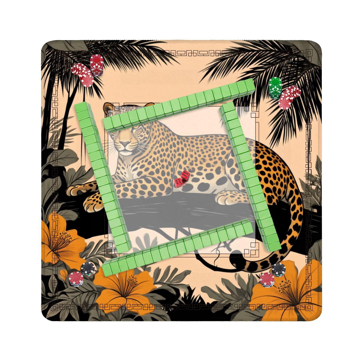 Mahjong Mat 31.5" x 31.5" Leopard Resting Tree Branch Tropical Jungle Orange Flowers Non-Slip Noise Reduction American Mahjong Tiles Table Cover for Dominoes Poker Card Board Games Gift