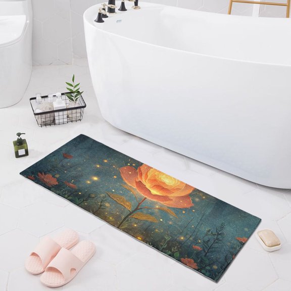Bath Mat Soft Plush Non-Slip Absorbent Bathroom Rugs 39"x20" Rose Flower with Fireflies
