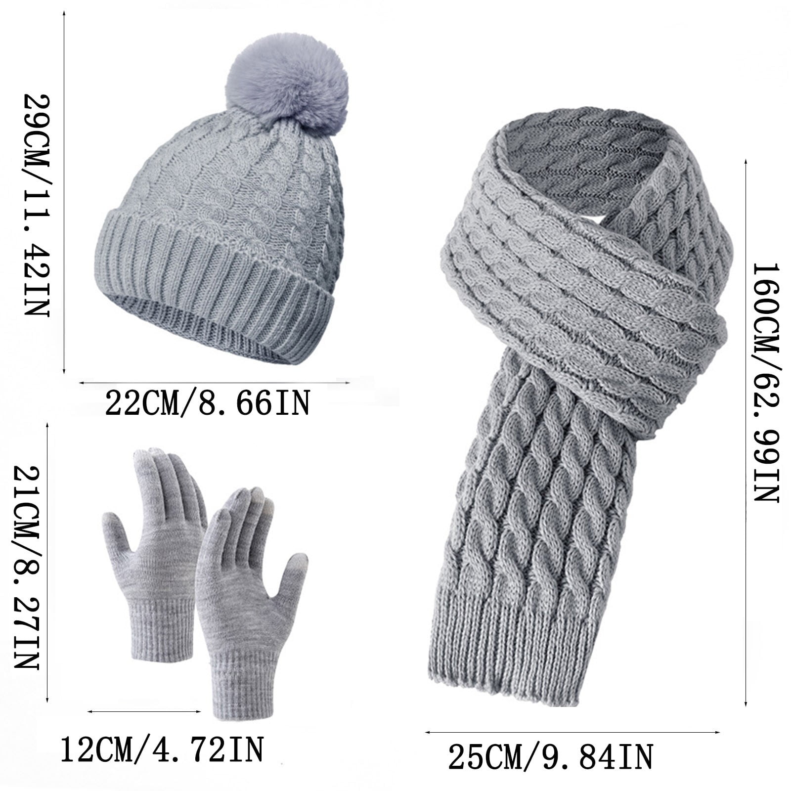 WTXUE Winter Warm Knit Scarf Gloves Beanie Hat Set Hat Circle Scarf Touchscreen Gloves Set,Snow Knit Skull Cap,Warm Thick Fleece Lined Neck Warmer Scarf Set Grey One Size