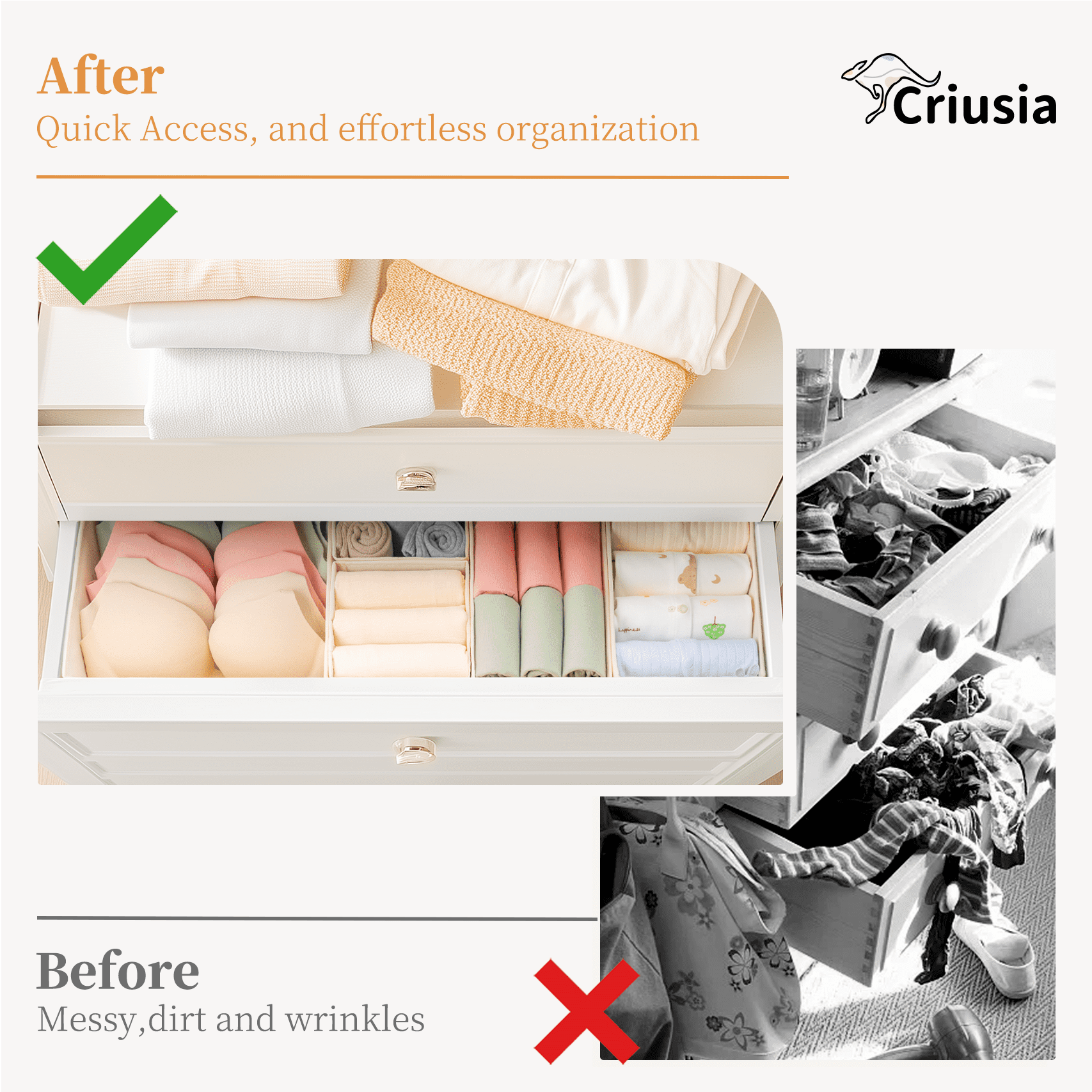 Criusia Drawer Organizer Clothes, Foldable Closet Organization and Storage for Nursery, Bedroom, Beige
