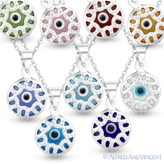 Evil Eye Glass Bead Charm Pendant & Chain Necklace in .925 Sterling Silver