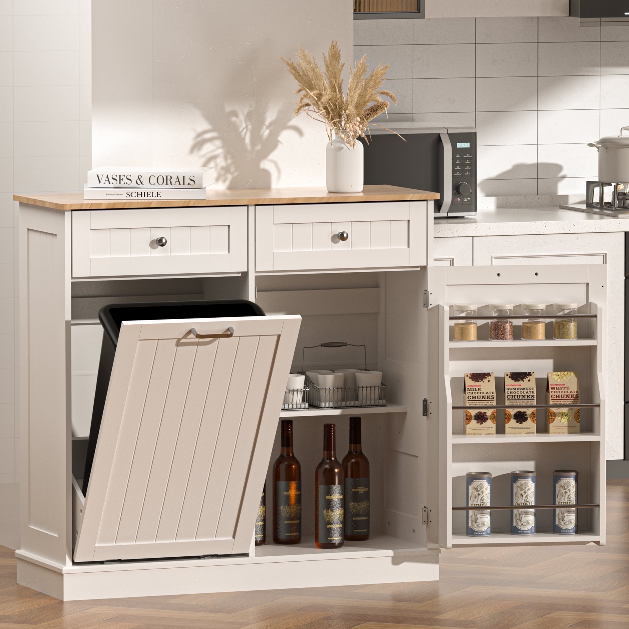 HARIPUL Single Tilt Out Trash Cabinet 13 Gallon Waste Bins Hidden Trash Bin w/ Shelf for Kitchen, White