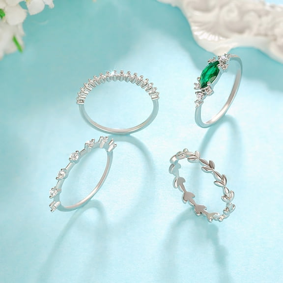 Z.LP Jewelry 4 - Stackable Ring Set - Dainty Silver Plated Leaf & Stone Rings
